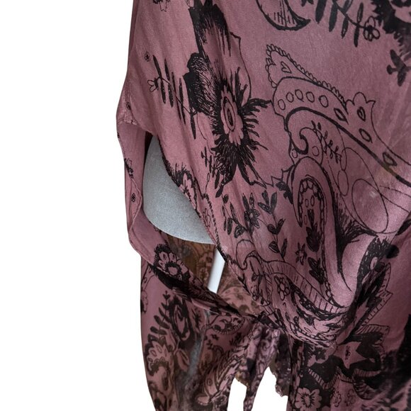 Free People Bohemian Paisley Floral Kimono Cardigan With Fringe Hem In Mauve & B - Picture 3 of 7